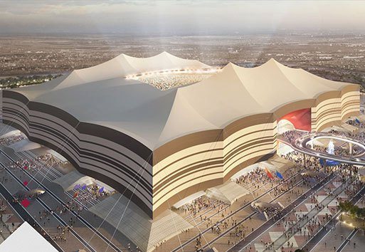 An aerial view of the Bayt Stadium, showcasing the use of a few Nystrom products.